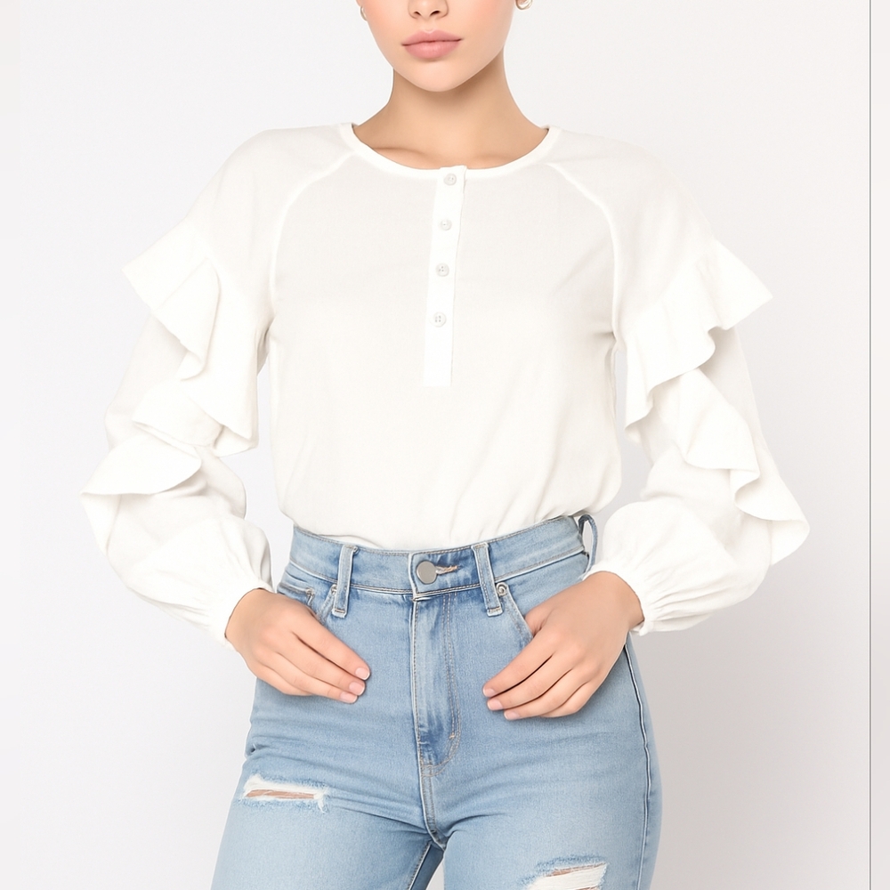 SPLENDID XS Ruffle Sleeve Poplin White Blouse Button Front Lightweight Stretch